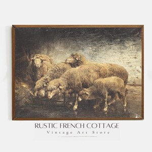 May include: A vintage framed print of a group of sheep in a field. The sheep are brown and white and are standing in a field of green grass. The print is framed in a brown wooden frame. The text "RUSTIC FRENCH COTTAGE Vintage Art Store" is at the bottom of the print.