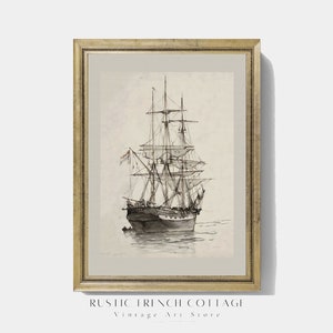 Antique Nautical Sketch Art | vintage ship art | vintage boat drawing | Digital Art Print | navy printable | harbor sketch | Vintage Boat