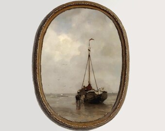 Antique seascape painting with fishing boat on misty waters | coastal farmhouse vintage wall decor | digital art