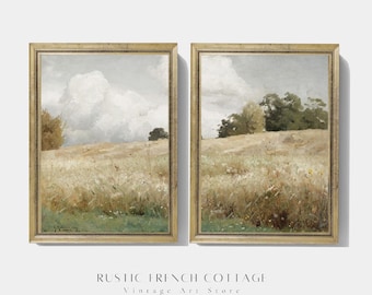 Panoramic Countryside Print Pair | Summer fiels Landscape Wall Decor for Bright Interiors | digital farmhouse decor