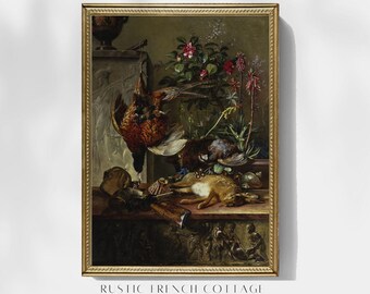Vintage Still Life with Birds Printable | Dark Academia Kitchen Art | Elegant Antique Dining Room Decor | Baroque Art Digital Download