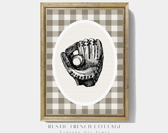Vintage baseball glove boy nursery print | Beige sport wall art creating a soft and secure feeling in a baby boy room | brothers bedroom art