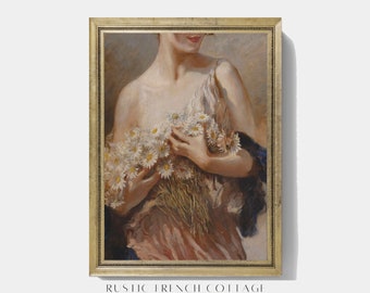 Dipinto di una donna con fiori primaverili | Dipinto a olio femminile delicato | Arte vintage | STAMPA SPEDITA | Ritratto vintage