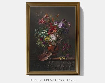 Antique still life painting | Vintage floral wall art for kitchen or dining room | botanical dark academia digital art