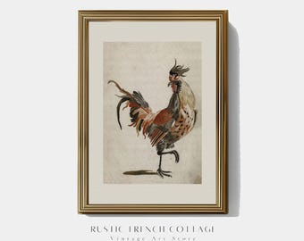Antique Rooster Illustration Print | French Country Kitchen Wall Art with Rustic Charm | farmhouse digital art