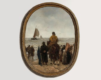 Vintage fishermen by the foggy shoreline painting | English seaside cottage decor | printable rustic coastal art