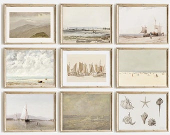 Beach House Vintage set of 9 prints | Coastal Gallery Set  | seascape digital art | Antique Marine Decor | coastal art for beach farmhouse