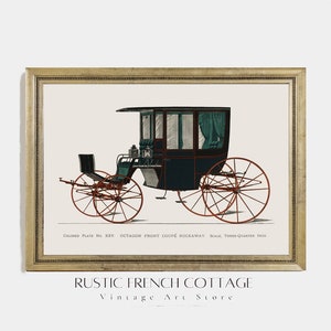 Puede incluir: Una ilustración vintage de un carruaje azul oscuro y verde con ruedas rojas. El carruaje es un "Front Coupe Rockaway" y está dibujado de una "Colored Plate No. KEV".