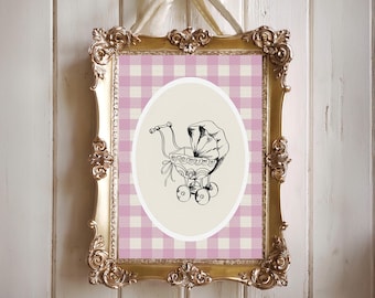 Vintage Baby Pram Illustration | Baby Girl Pink French Style Room Digital Art | Rustic Farmhouse Nursery Decor | Baby Girl gift idea