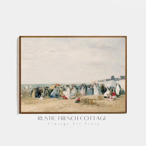Impresión de dulce escena de playa vintage francesa | Póster de pintura del océano en calma | Decoración costera para el interior de una casa de playa