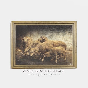 May include: A framed painting of a group of sheep in a barn. The sheep are brown and white and are standing in a group. The painting is set against a dark background with a light blue sky in the distance. The painting is framed in a gold frame.