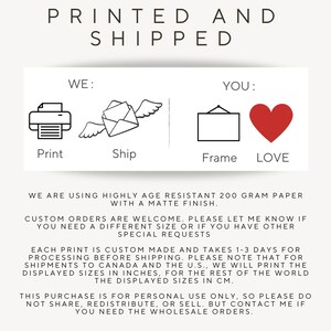 May include: Printed and shipped graphic with icons for printing, shipping, framing, and a heart. The text reads "We are using highly age resistant 200 gram paper with a matte finish. Custom orders are welcome. Please let me know if you need a different size or if you have other special requests. Each print is custom made and takes 1-3 days for processing before shipping. Please note that for shipments to Canada and the U.S., we will print the displayed sizes in inches, for the rest of the world the displayed sizes in cm. This purchase is for personal use only, so please do not share, redistribute, or sell. But contact me if you need the wholesale orders."