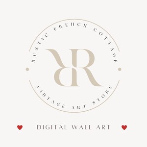 May include: A beige logo with the text "RUSTIC FRENCH COTTAGE VINTAGE ART STORE" in a circular design. The logo features the letters "RR" in a stylized font. Below the logo is the text "DIGITAL WALL ART" with a red heart on each side.