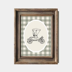 Antique Car Gingham Print | Vintage Vehicle Nursery Art | Green Check Wall Decor for Boys Room | Farmhouse Nursery Transportation Poster