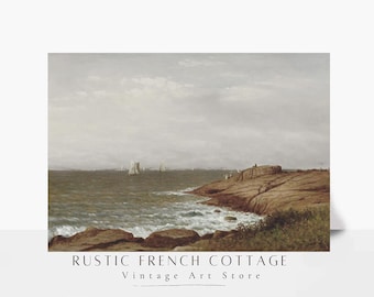 Moody Coastal Wall Art | Vintage Seascape Painting | Muted fall Nautical Digital Download | Rustic neutral Ocean Print | Coastal Home Decor
