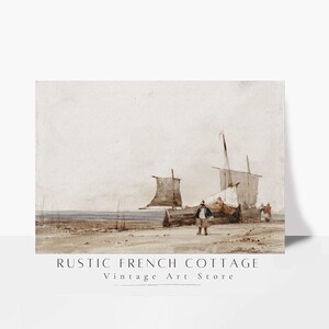 Cuadro vintage de barco beige | Arte paisajístico costero relajante | Arte de pared vintage con temática oceánica para dormitorio costero | Decoración de casa de playa