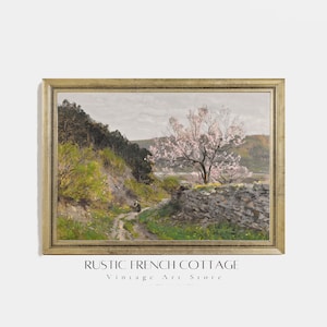 Spring Coutryside Painting | Rustic farmhouse décor | Landscape painting with the flowering tree | Cottage Wall Art | Digital Vintage Art
