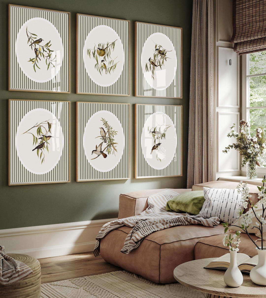 Set of 6 Vintage Botanical Wall Art Prints With European Birds | Sage ...