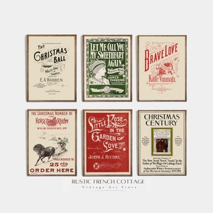 May include: A collage of six vintage Christmas-themed prints. The prints feature a variety of designs, including a Christmas ball, a song titled "Let Me Call You My Sweetheart Again", a song titled "Brave Love", a horse review, a song titled "Little Rose in the Garden of Love", and a Christmas Century magazine.