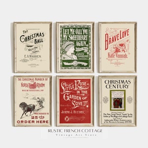May include: A set of six vintage Christmas-themed printable posters. The posters feature a variety of designs, including a Christmas ball, a horse-drawn carriage, a rose in a garden, and a Christmas century magazine. The posters are all in a rustic style with a white background and black text.