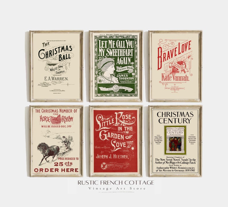 May include: A set of six vintage Christmas-themed printable posters. The posters feature a variety of designs, including a Christmas ball, a horse-drawn carriage, a rose in a garden, and a Christmas century magazine. The posters are all in a rustic style with a white background and black text.