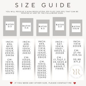 May include: Size guide with ratios and dimensions in inches and centimeters. Includes sizes like 4x6 inches, 8x12 inches, and 10x15 cm, 20x30 cm. The guide provides options for printing high-resolution JPG files.