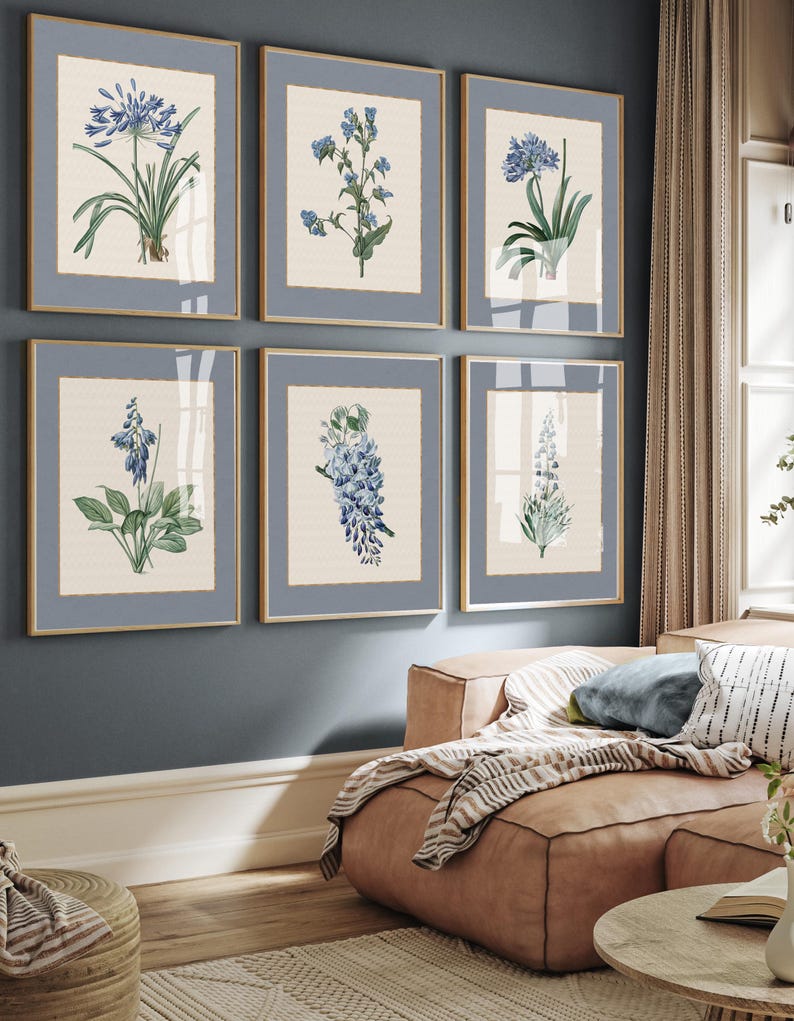 Blue Wildflower Botanical Wall Art Set | Vintage French Cottage Floral ...