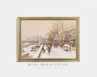 Snowy Paris Street Painting | Vintage French Oil Painting | vintage art of parisian life | soft vintage decor | neutral vintage French decor