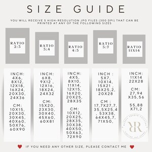 May include: A size guide for printable digital art prints. The guide shows five different aspect ratios and their corresponding dimensions in inches and centimeters. The ratios are 2:3, 3:4, 4:5, 5:7, and 11x14.