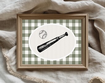 Vintage baseball print for boy nursery | Soft farmhouse playroom art | gingham wall art creating a calm and timeless space for baby boy room