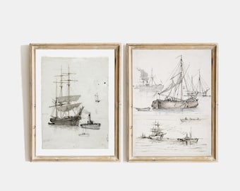 Vintage Segelboot Kunst Set | Neutrale nautische Skizzen | Küsten-Galeriewand für den Eingangsbereich | Sommerliche Wohndekoration
