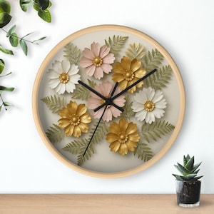 Reloj de pared floral: decoración vintage para el hogar, elegante reloj, regalo para ella, arte de pared bohemio, decoración primaveral, cocina o sala de estar.