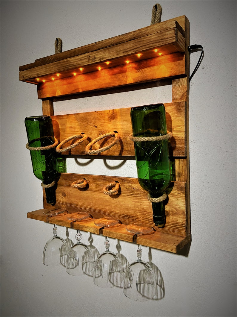 Wooden Led Lighted Wine Rack Wine Glass Rack Mini Bar Etsy