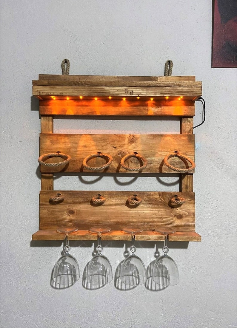 Wooden Led Lighted Wine Rack, Wine Glass Rack, Mini Bar, Mother's Day