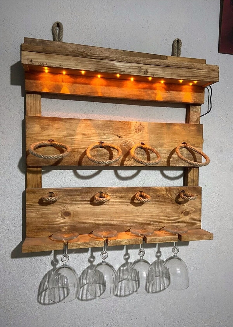 Wooden Led Lighted Wine Rack, Wine Glass Rack, Mini Bar, Mother's Day