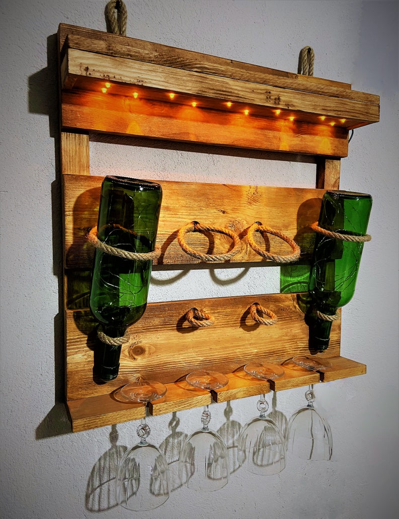 Wooden Led Lighted Wine Rack, Wine Glass Rack, Mini Bar, Mother's Day