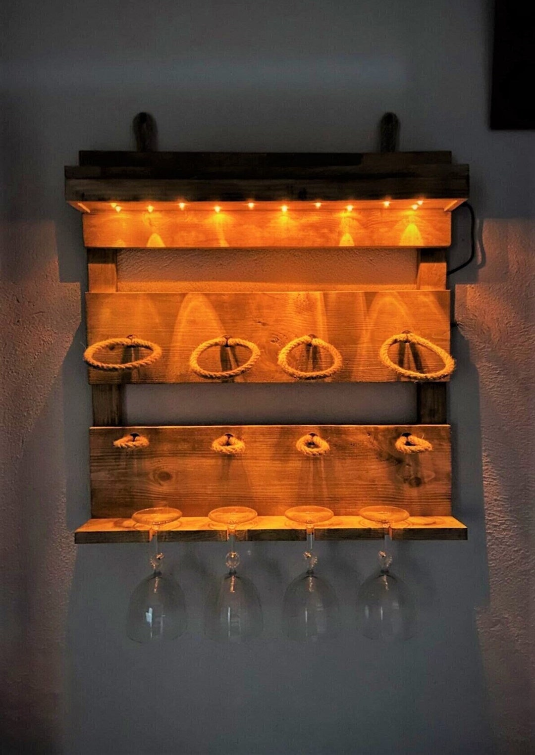 Wooden Led Lighted Wine Rack Wine Glass Rack Mini Bar Etsy