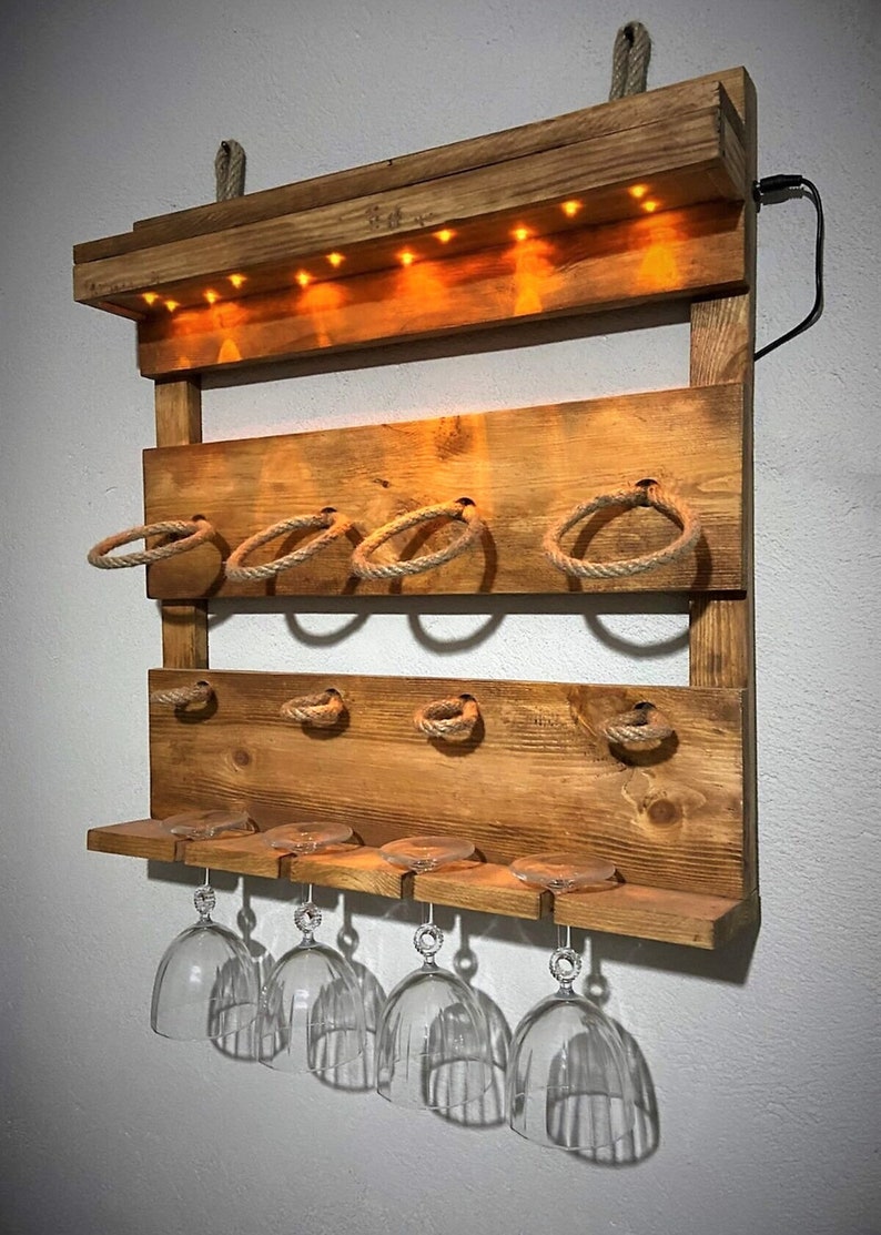 Wooden Led Lighted Wine Rack, Wine Glass Rack, Mini Bar, Mother's Day
