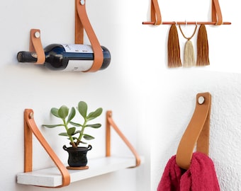 Leather Shelf Strap. Genuine Cowhide Leather Strap for Shelf Support. Easy to assemble! Durable.