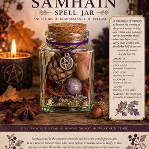 May include: A clear glass jar with a cork stopper containing a pine cone, an acorn, a round purple stone, star anise, and dried herbs. A purple string with a silver pentagram charm is tied around the neck. Text on the jar label lists contents.