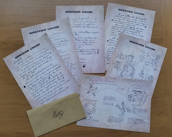 May include: A collection of six vintage Western Union telegrams with handwritten messages. The telegrams are on aged paper with faded ink. One telegram includes a hand-drawn map with the text "Man to Time Machine".