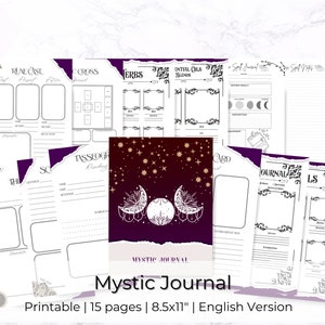 Puede incluir: Un diario místico imprimible de 15 páginas, que mide 8,5 por 11 pulgadas. El diario presenta un diseño morado y dorado con una luna creciente y estrellas. El diario incluye páginas para el lanzamiento de runas, lecturas de tarot, diario de hechizos y más.