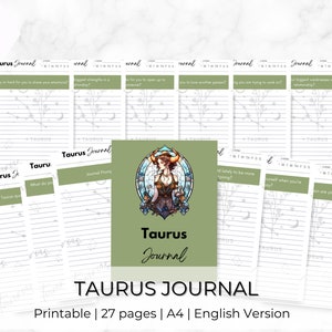 Puede incluir: Un diario de Taurus imprimible con 27 páginas. La portada presenta un fondo verde con una ilustración estilizada del signo zodiacal de Tauro en estilo vitral. El texto "Taurus Journal" está impreso en negro.