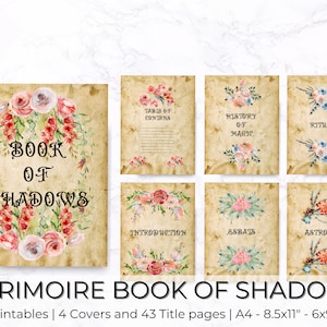 Puede incluir: Páginas imprimibles para un grimorio o libro de las sombras con diseños florales y títulos como "Libro de las sombras", "Historia de la magia", "Rituales", "Introducción", "Esbats" y "Astrología".