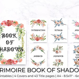 Puede incluir: Páginas imprimibles para un grimorio Libro de las Sombras con diseños florales. Las páginas incluyen títulos como "Introducción", "Rituales", "Hechizos", "Sabbats", "Elementos" y "Cartas del Tarot". Las páginas están diseñadas para su uso con un grimorio, un libro de hechizos y prácticas mágicas.
