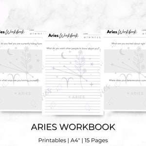 May include: A printable workbook for the zodiac sign Aries. The workbook has three pages with prompts for self-reflection and journaling. Each page features a stylized illustration of the Aries constellation with stars and a flower.