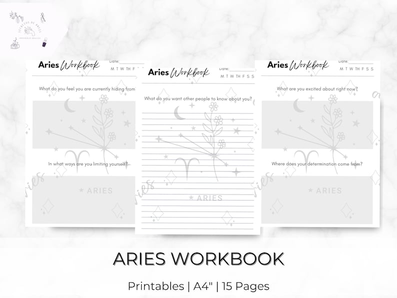 May include: A printable workbook for the zodiac sign Aries. The workbook has three pages with prompts for self-reflection and journaling. Each page features a stylized illustration of the Aries constellation with stars and a flower.