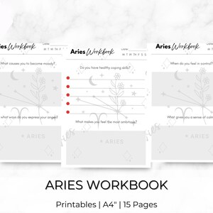 May include: Printable workbook for the zodiac sign Aries. The workbook has three pages with questions about mood, coping skills, and control. Each page features a stylized illustration of the Aries symbol and stars.