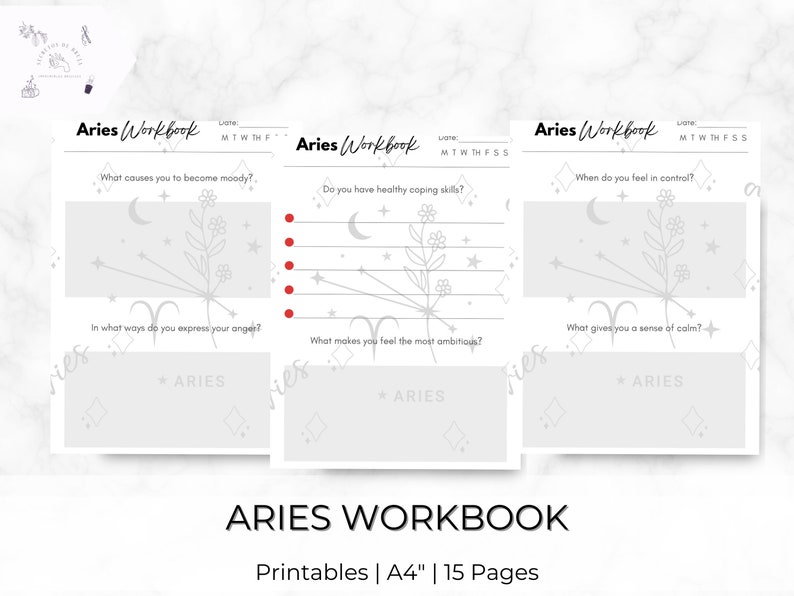 May include: Printable workbook for the zodiac sign Aries. The workbook has three pages with questions about mood, coping skills, and control. Each page features a stylized illustration of the Aries symbol and stars.