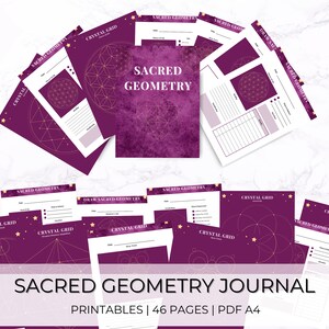 Könnte beinhalten: Ein druckbares Journal mit einem violetten Aquarellhintergrund und goldenen geometrischen Mustern. Das Journal trägt den Titel "Sacred Geometry Journal" und enthält den Text "Printables | 46 Pages | PDF A4".